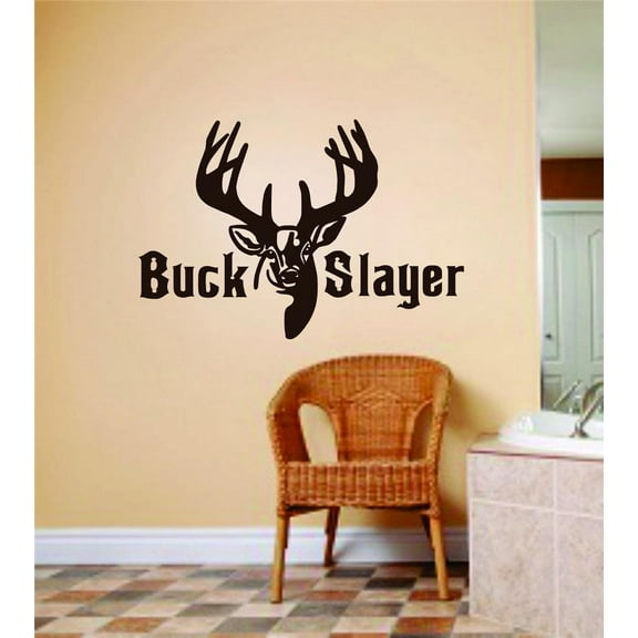 Hunting Vinyl Wall Decal - Buck Slayer Letters With Deer / Buck Head Image Animal Hunting Hunter Man Gun Boys Kids 16 X 32 Inches