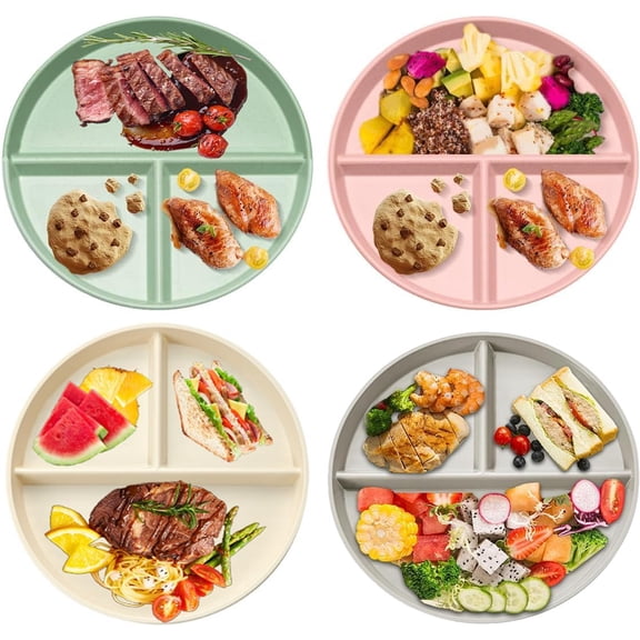 Portion Control Plates 9 Inch 4 Pack, Unbreakable Divided Plate for Kids Adults, 3 Compartment Plates Reusable Plastic Portion Control Plates Dishwasher & Microwave Safe…