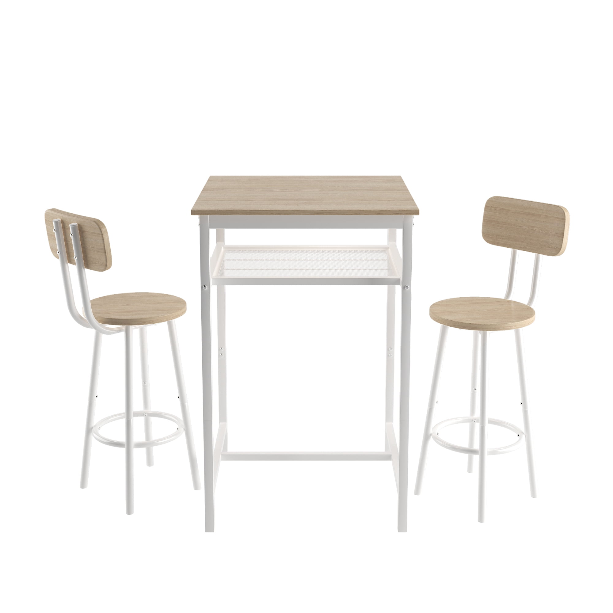 Bar Table Set of 2,Bistro Kitchen Table Sets,Wood Pub Bar Table Set with Storage Rack for Small Space, Apartment,White Oak