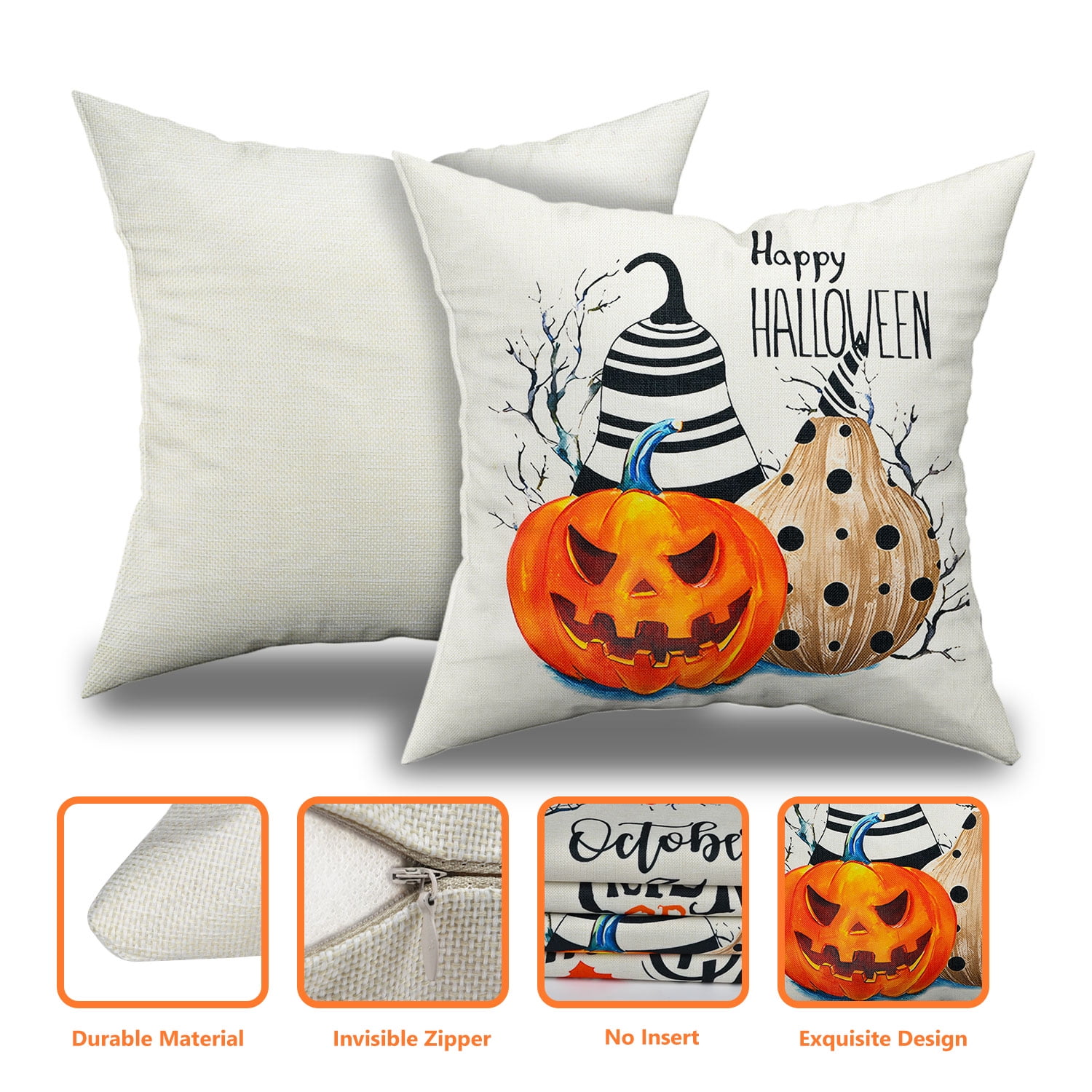 Whaline 4 Pieces Halloween Pillow Case, Orange and Black Pillow Cover,  Happy Halloween Linen Sofa Bed Throw Cushion Cover Decora