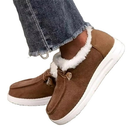 

Winter Plush Shoes for Women Faux Fur Lined Warm Loafers Booties Casual Lace Up Comfoter Ankle Boots Fuzzy Slip On Canvas Shoes