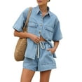 thumbnail image 2 of Women'S Denim 2 Piece Outfits Short Sleeve Button Down Shirt Drawstring Shorts Set Casual Jean Outfits Light Blue XL, 2 of 9