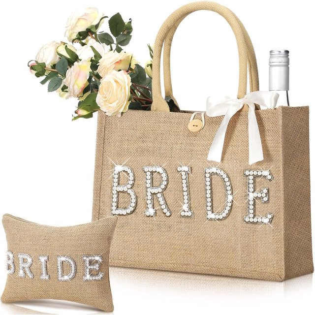 HLONK 2 Pcs Bride Bag Set Bride Jute Beach Tote Bag with Ribbon Makeup Pouch with Rhinestone Letter Bridal Shower Gift for Bachelorette Wedding Engagement