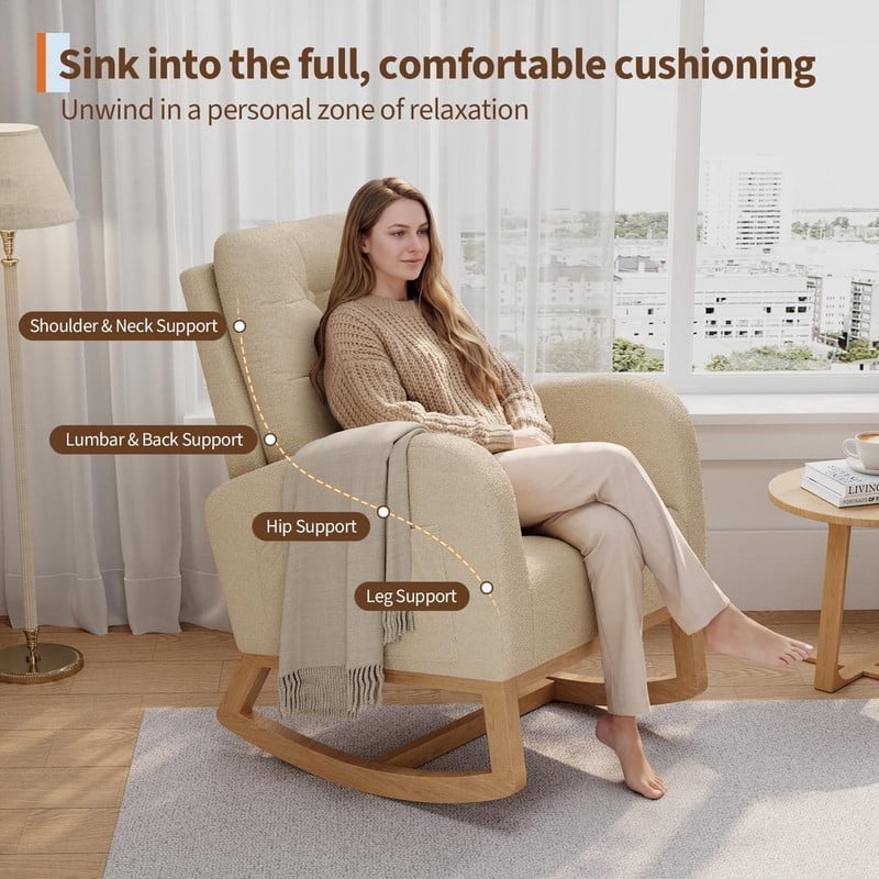 Rocking Chair for Nursery, Upholstered Glider Rocker with High Backrest and Padded Seat, Comfy Accent Armchair with Side Pocket for Bedroom, Living Room, Nursing Room