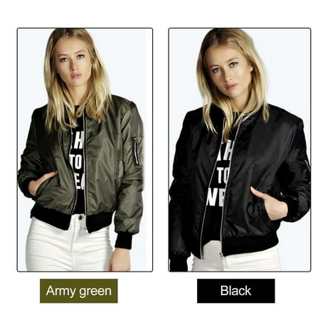 Green Jacket - Solid Color Fashion Women Bomber Jacket Basic Coats Zipper Short Baseball Jacket