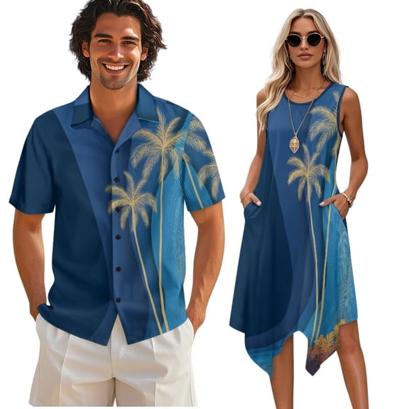 Psesaysky Palm Tree Print Mens Shorts Sleeve Shirt &Womens Sleeveless Flowy Tunic Dress Couples Matching Hawaiian Luau Outfit His and Her Topical Shirts and Dresses with Pockets
