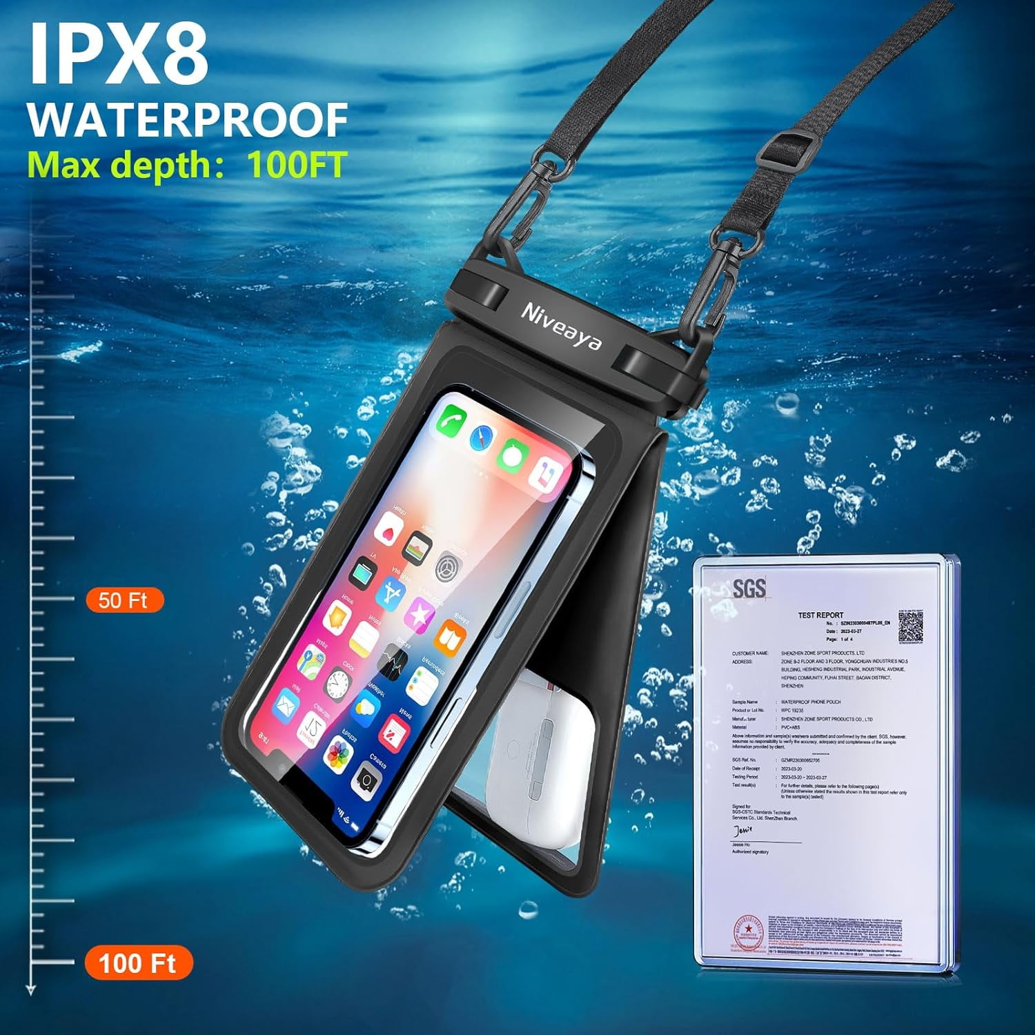TJS [2 Pack] Up to 7" Double Space Waterproof Phone Pouch Bag with Lanyard, IPX8 Waterproof Cellphone Dry Bag Case for iPhone 15 Pro Max 14 Pro 13 12 Galaxy S23 Ultra S22 Series (Black+Black)