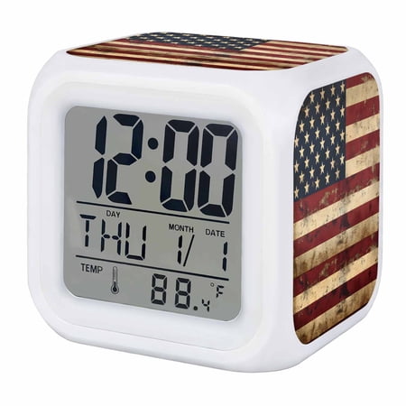 Retro American Flag Digital Alarm Clock for Bedrooms, Smart LED Alarm Clock with 7 Color Changing Night Light, Vintage Shabby US Flag Silent Wake Up Clocks for Sleep Study Cooking 3.2x3.2