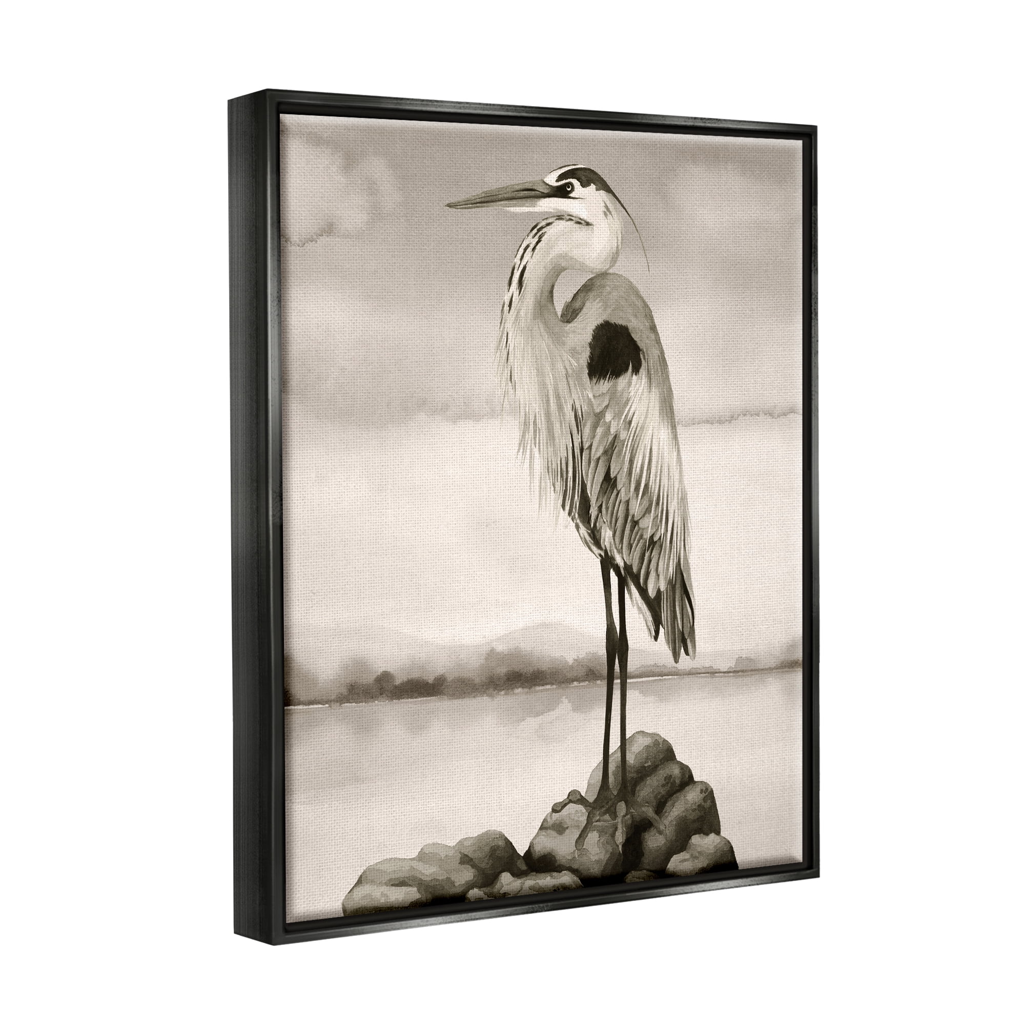 Stupell Industries Grey Heron Perched Animals & Insects Painting Black Floater Framed Canvas Art Print Wall Art, 17 x 21