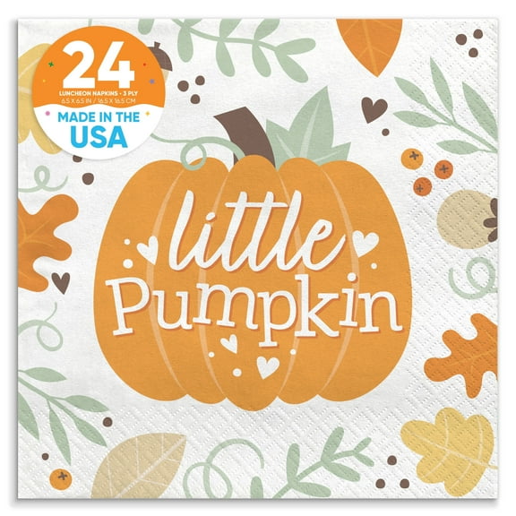 Big Dot of Happiness Little Pumpkin Party Napkins, Fall Birthday or Orange Pumpkin Baby Shower Decor, White 3-Ply Paper Luncheon Napkins - 24 Count