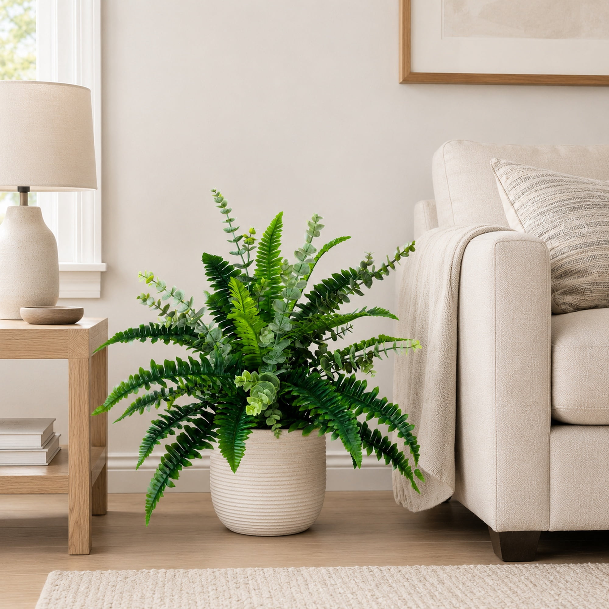 Artificial Plants, 26in Fake Potted Fern and Eucalyptus Mix in Black Drop In Pot by LCG Florals, Indoor Faux Greenery Small Plant for Home Office Bathroon Living Room Tabletop Decor