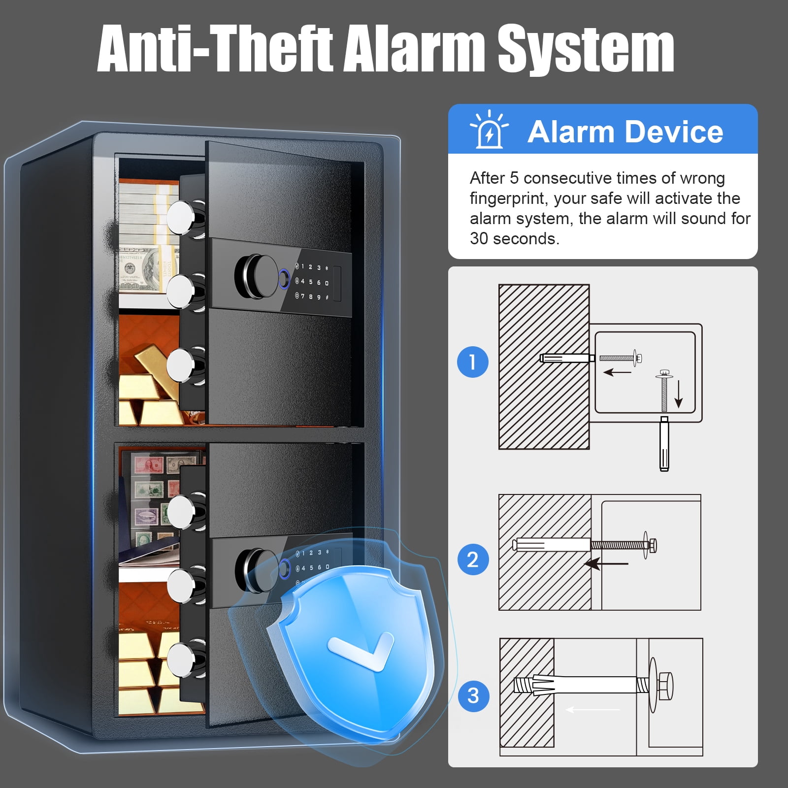 Riflevault Large Biometric Safe Box, 29.5" Double Door Alloy Steel Security Cabinet, Fingerprint Touchscreen Keypad Safe with Alarm System, Removable Shelves & Internal LED for Home Office