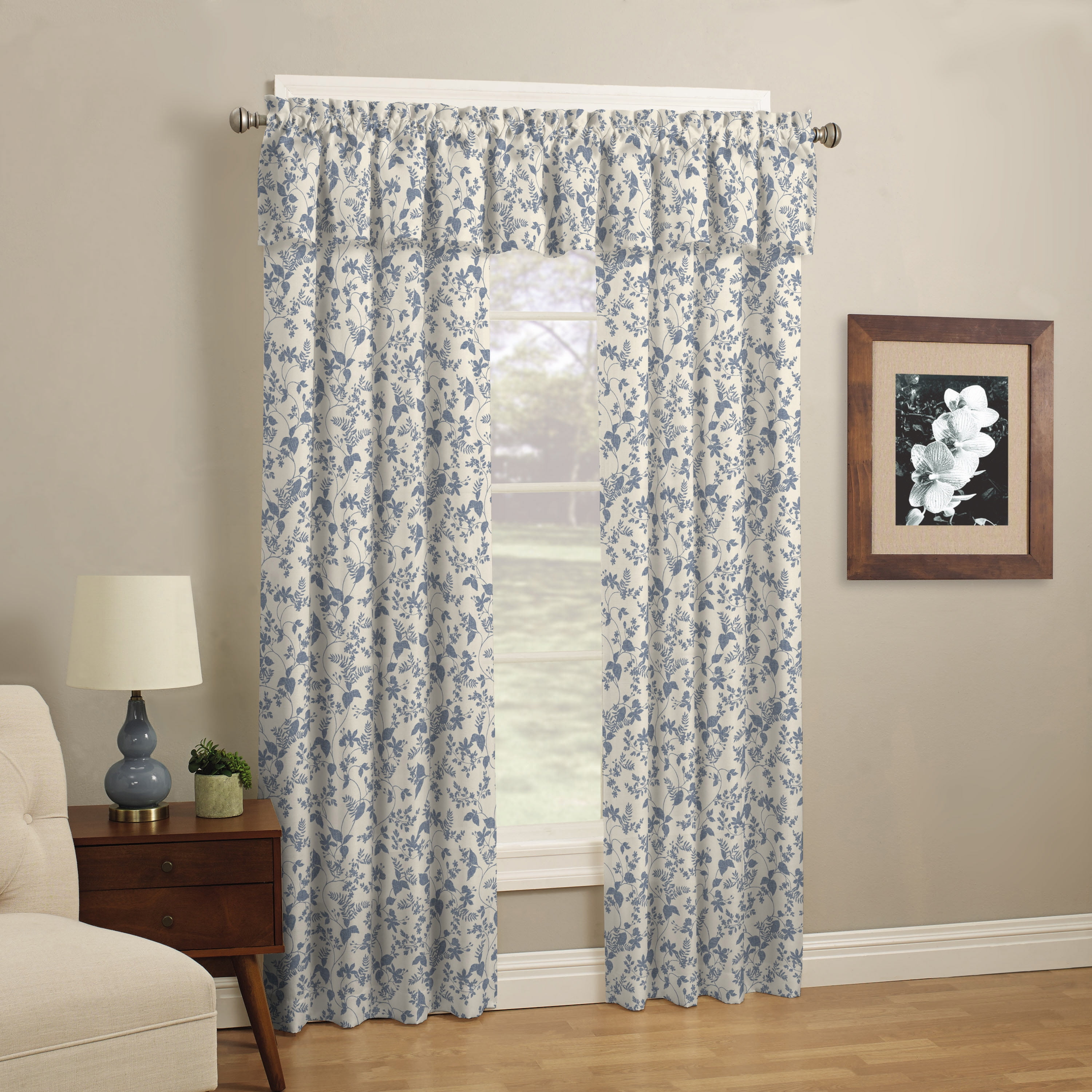 Mainstays Leaf Print Light Filtering Rod Pocket Kitchen Curtain Tier And Valance 3 Piece Set Blue 56 X 36 Walmart Com Walmart Com