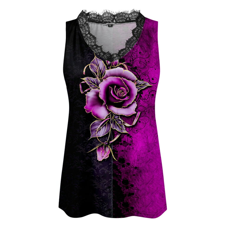 NECHOLOGY Womens Tank Top Black Fitted Muscle Women Women Summer Sleeveless  Floral Printed V Neck Lace Tank Tops Casual Tops Purple X-Large