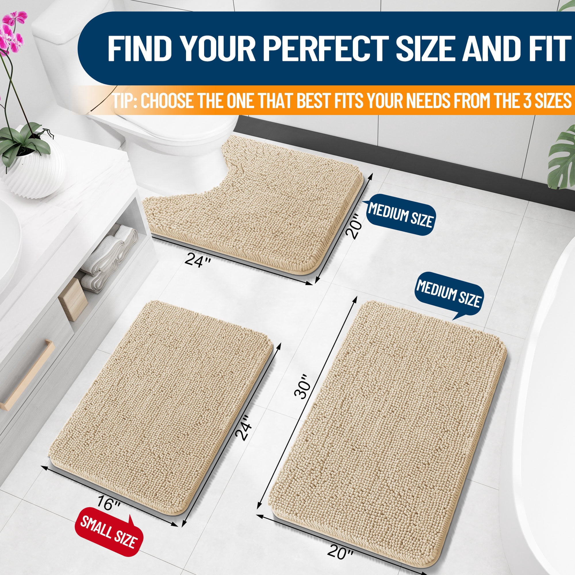 Buganda Bathroom Rugs 59x20, Quick Dry Machine Washable Chenille Bath Mats with Rubber Backing, Beige