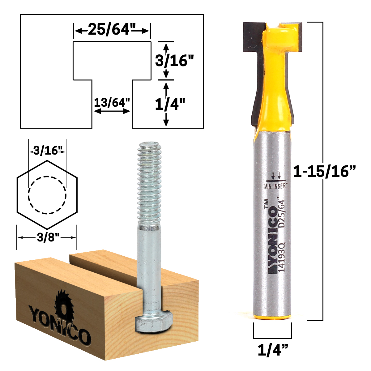 Yonico T Slot Router Bit Set 1/4 Inch Shank, 3 Pieces