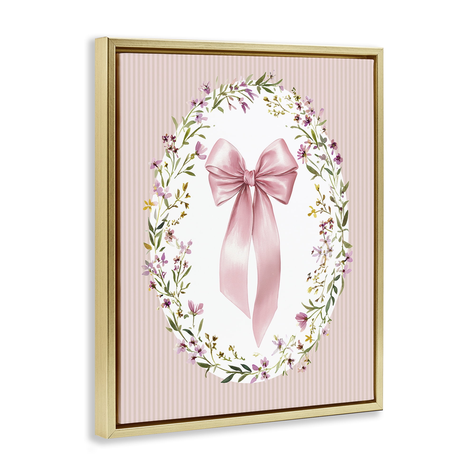 Stupell Industries Ribbon with Oval Florals Gold Framed Floater Canvas Wall Art, design by Christine Simpson Art