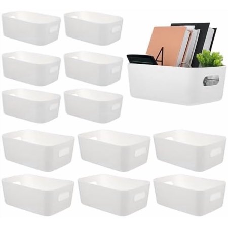12 Pack White Plastic Storage Bins and Baskets 6 Large + 6 Medium Sizes Stackable Organizer Containers for Kitchen Pantry Bathroom Cabinet Under Sink Office