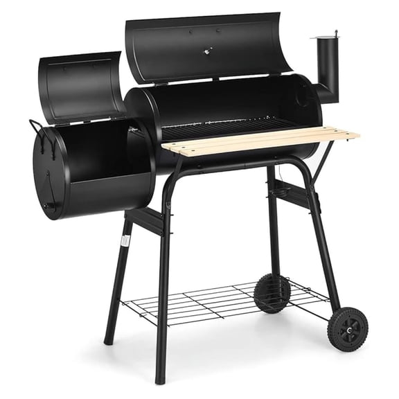 Portable Charcoal Grill with Smoker, Thermometer, Side Shelf & Adjustable Damper, BBQ Grill Oven with 2 Moveable Wheels for Camping Patio Backyard Party