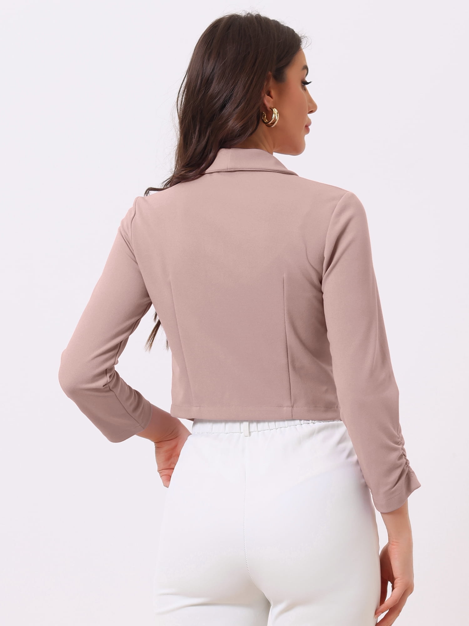 DARING DIVA Women's Notched Lapel Ruched Sleeve Crop Blazer S Dusty Pink