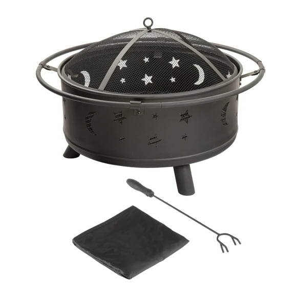 Pure Garden 32-Inch Outdoor Wood Burning Fire Pit with PVC Cover (Black)