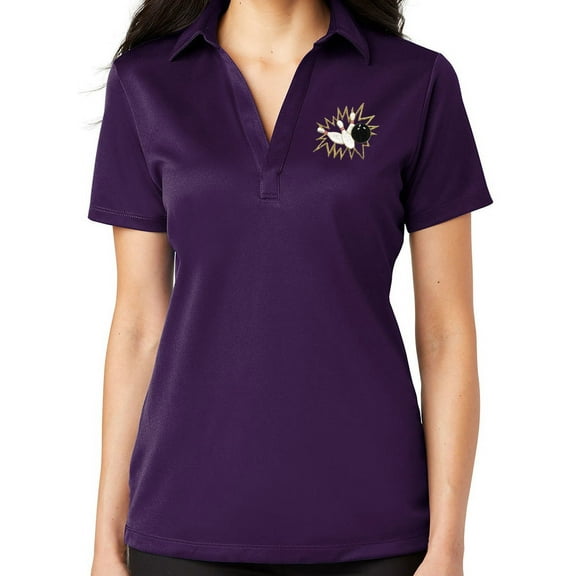 Ladie's Crashing Bowling Pins No Button Polo Shirt, 2XL Bright Purple