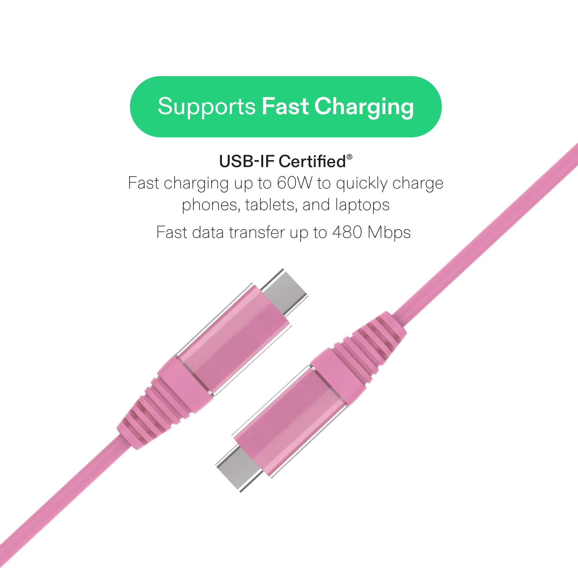 Cable de carga onn de 6 pies USB-C a USB-C, carga rápida, certificado USB-IF, compatible con iPhone 16 y 15, iPad Pro, Samsung Galaxy, Note, Pixel y más - Rosa 3