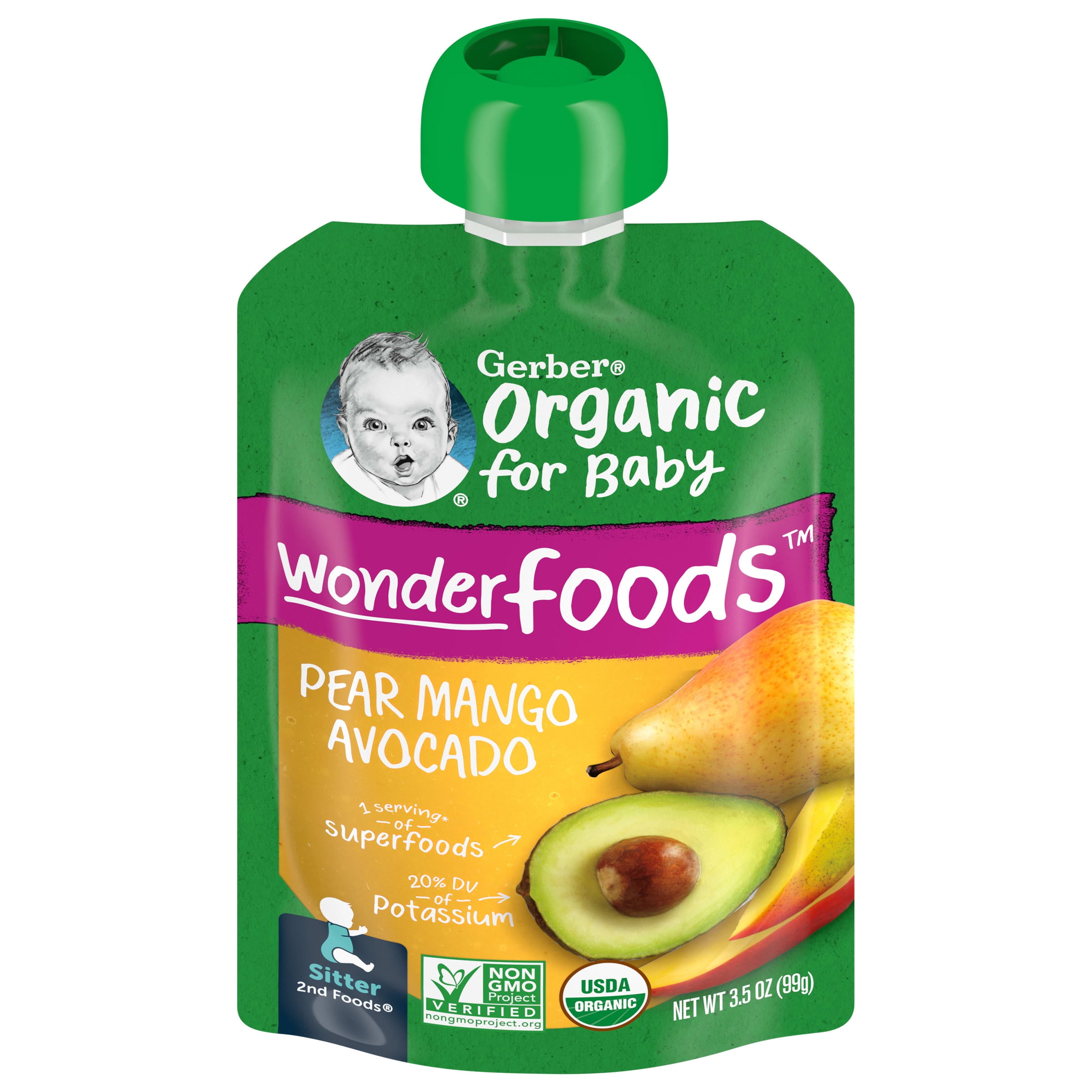 Gerber 2nd Foods Organic for Baby WonderFoods Baby Food, Pear Mango Avocado, 3.5 oz Pouch (12 Pack)