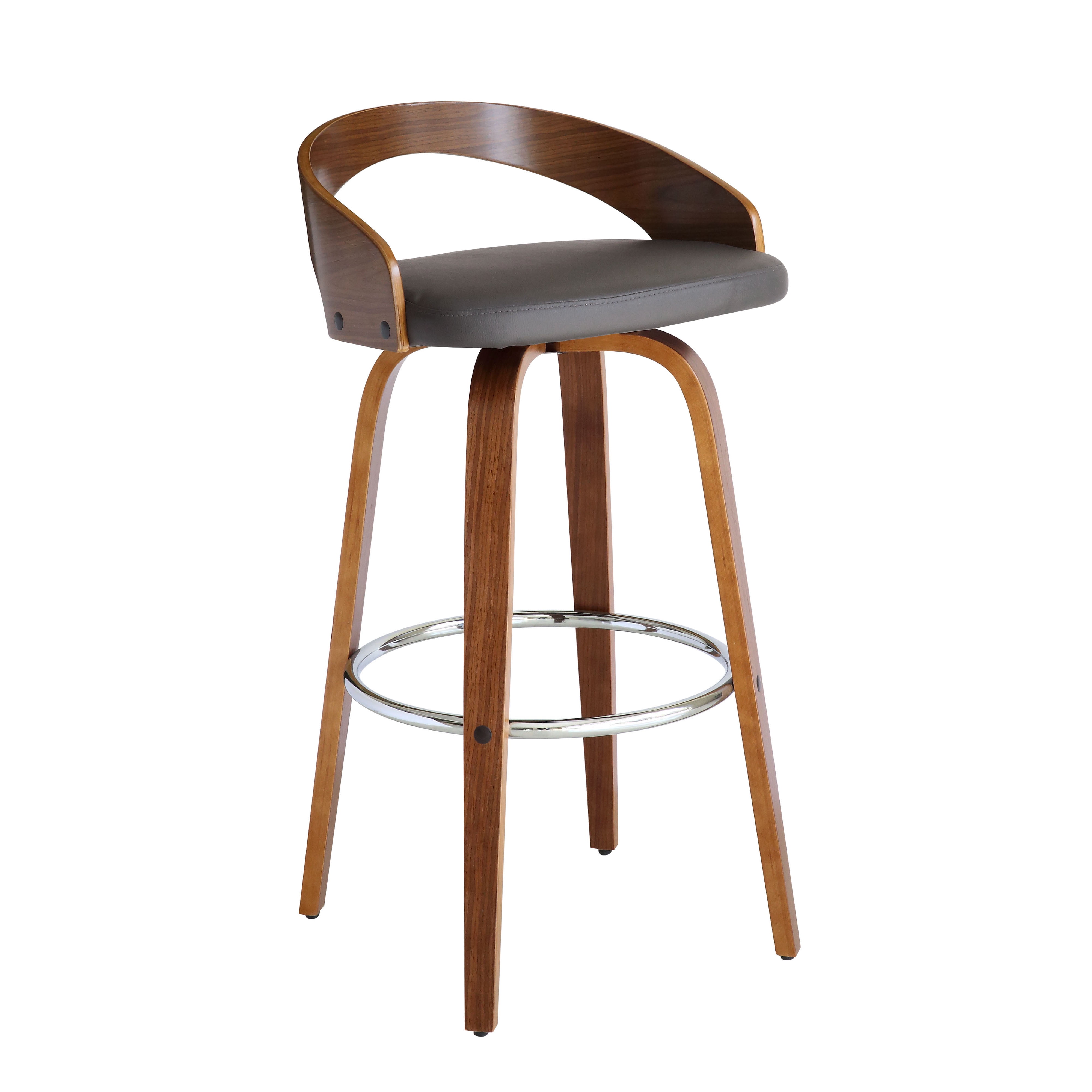 Sonia 30" Bar Height Swivel Gray Faux Leather and Walnut Wood Bar Stool - Set of 4