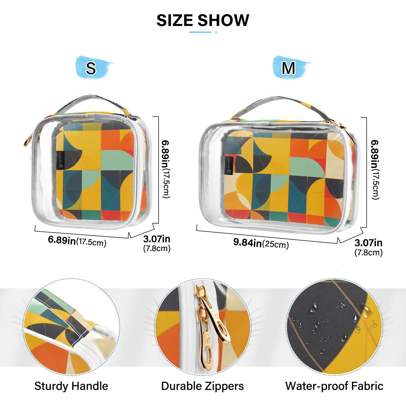 Clear Makeup Bags with Handle Large Opening 2 Pack Set Toiletry Bag Quart Size Bag, for Women Man Traveling Travel Essentials, Toiletries and Other. Colorful Abstract Vibrant Geometric Shape Curve
