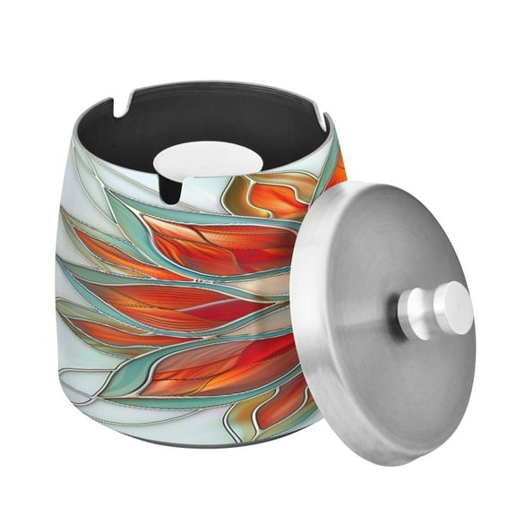 Outdoor Ashtray with Lid for Cigarette Stainless Steel Smokeless Ash Tray for Patio Home Table Decor Abstract Red Floral Stained Glass