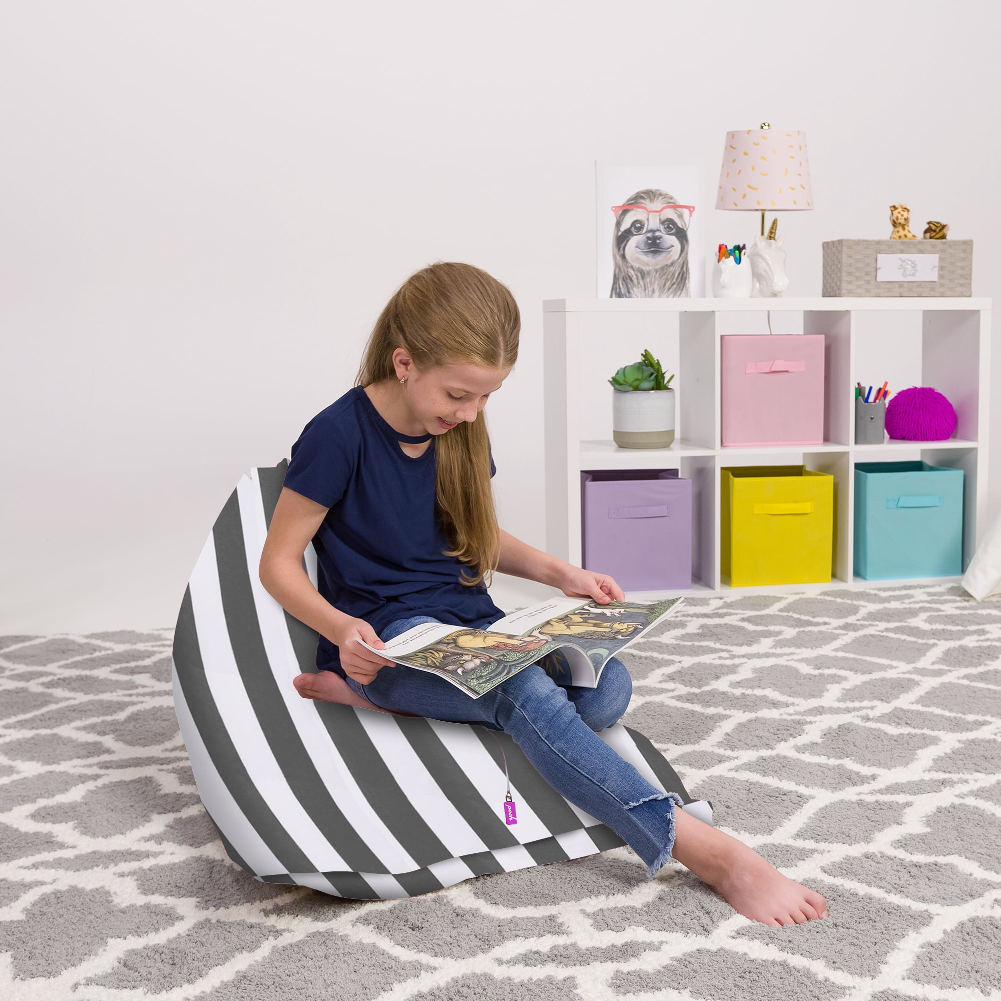 Posh Creations Bean Bag Stuffable Cover Only-Toy Organizer,Canvas,Kids, 3 ft,Gray Stripes