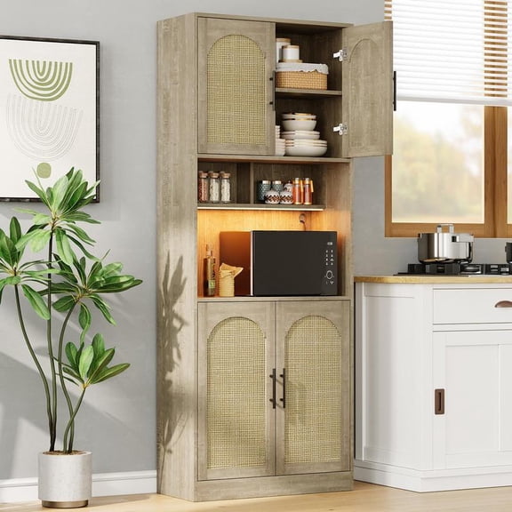 Grey 71" Tall Kitchen Pantry Storage Cabinet, Kitchen Hutch Storage Cabinet with Led Lights, Freestanding Pantry Cabinet with Microwave Shelf, for Dining Room, Bathroom, Living Room