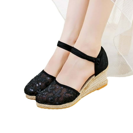 

Zpanxa Slippers for Women Sandals Wedge Heels Heightening Shoes Mesh Point Hemp Buckle Casual Shoes Flip Flops for Women Black 37