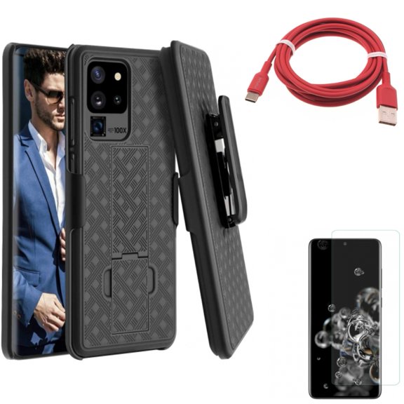 Screen Protector w Case Belt Clip w 6ft USB-C Cable for Samsung Galaxy S20 Ultra - Tempered Glass [Fingerprint Unlock] 3D Curved Edge, Holster Swivel Cover, Red Charger Cord fits Galaxy S20 Ultra