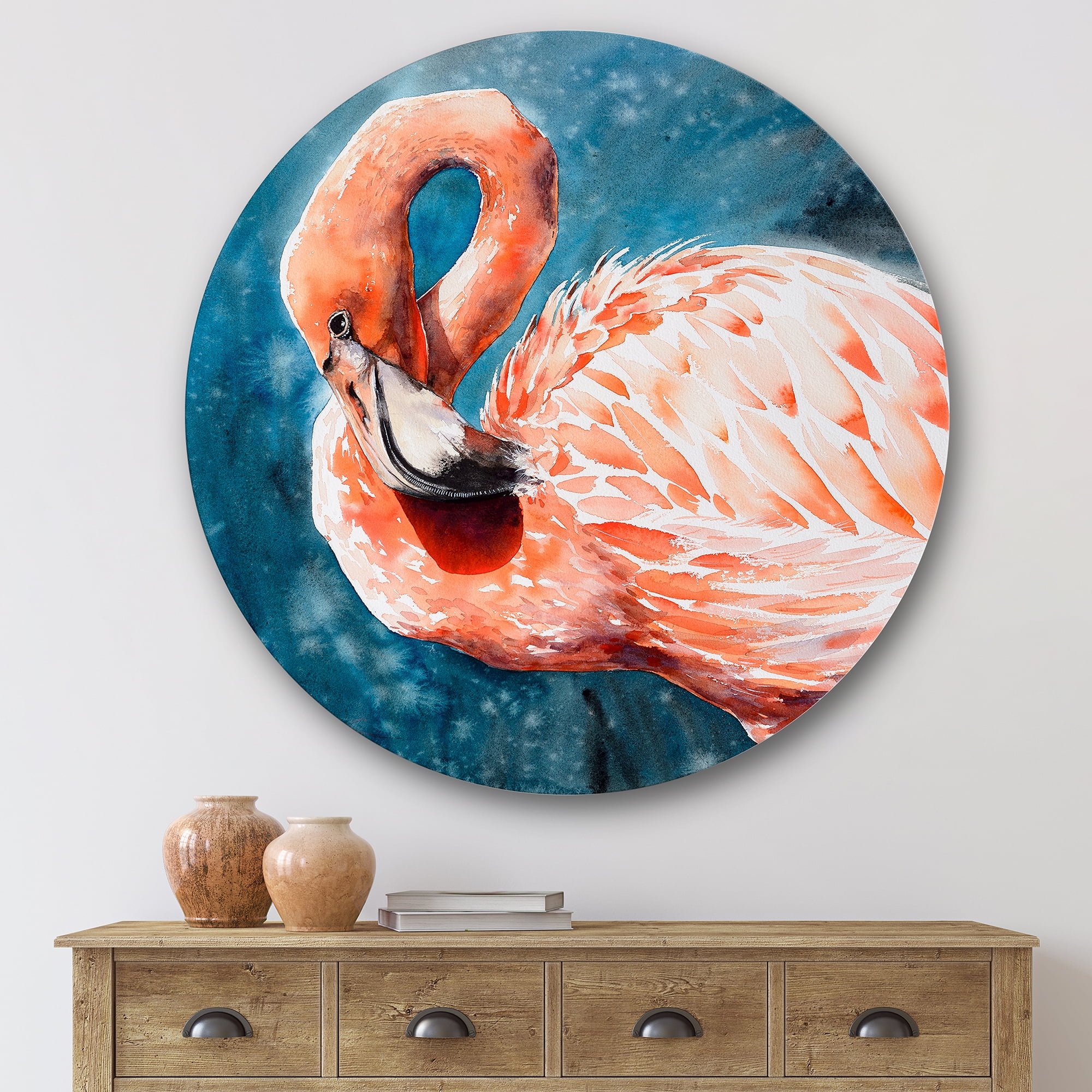 Designart 'Pink Flamingos Love Birds In Blue Water II' Farmhouse Circle Metal Wall Art 36x36 - Disc of 36