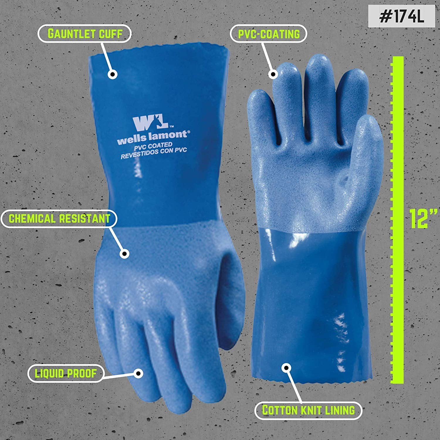 Heavy Duty PVC Coated Work Gloves Liquid Chemical Resistant Cotton Lining Large Wells Lamont 174L