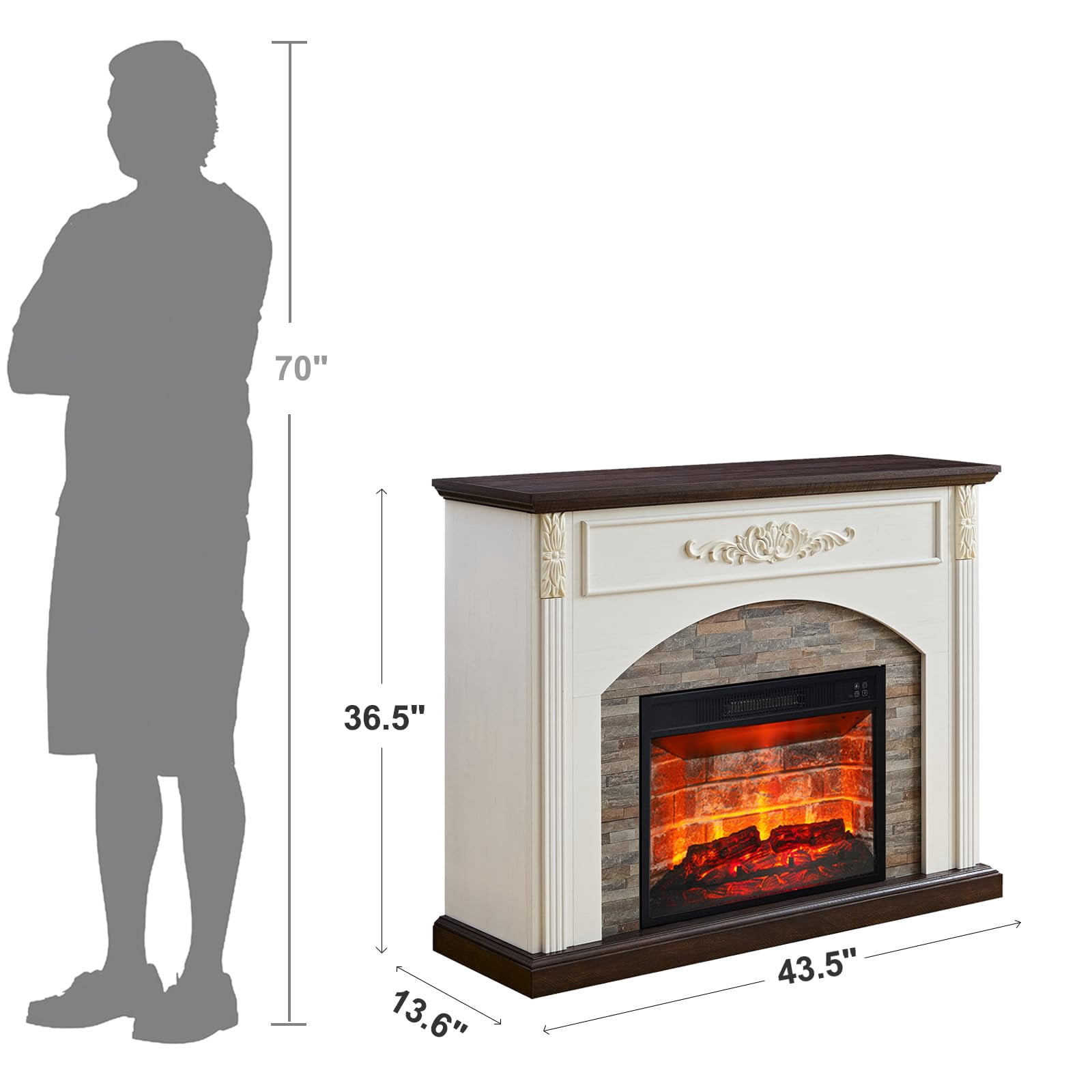 BOSHIRO 44" White Electric Fireplace Mantel with 23" Brick Insert, LED Flame & Heater, Corner TV Stand for Living Room or Bedroom