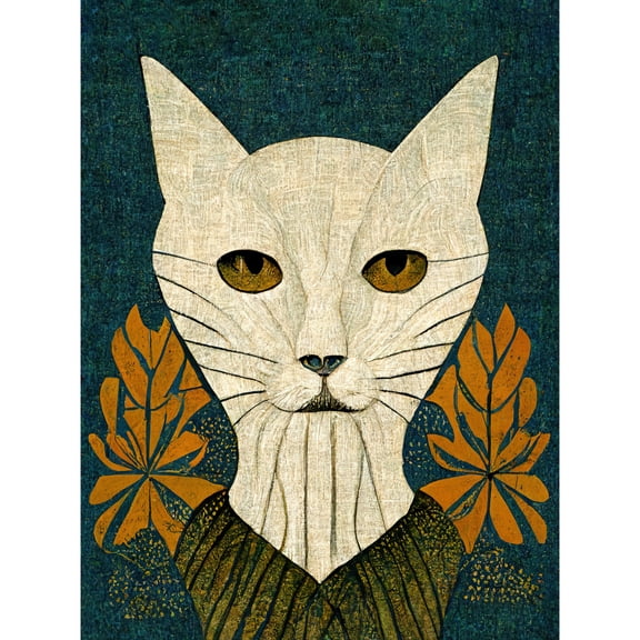 Elegant Cat Illustration William Morris Style Teal Mustard Unframed Wall Art Print Poster Home Decor