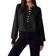 thumbnail image 3 of Women Henley Neck Half Button Drop Shoulder Loose Long Sleeve Knit Pullover Sweater Black XS, 3 of 9