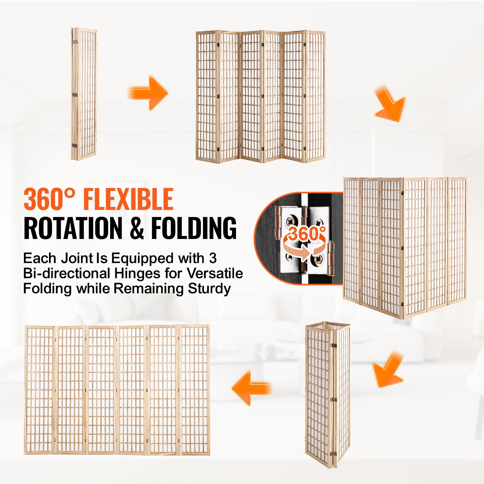 VEVOR Room Divider, 6 Panel Japanese Room Divider, Wood Folding Privacy Screen Indoor, Japanese Partition Dividers Portable Decoration Screens, for Room Separation Home Office Restaurant & Bedroom
