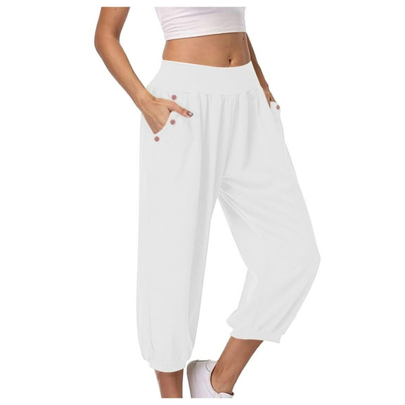 vigerkar Capri Pants for Women Casual Capris Summer Loose High Waist Wide Leg Yoga Pant with Pocket Lounge Wear (White, M)