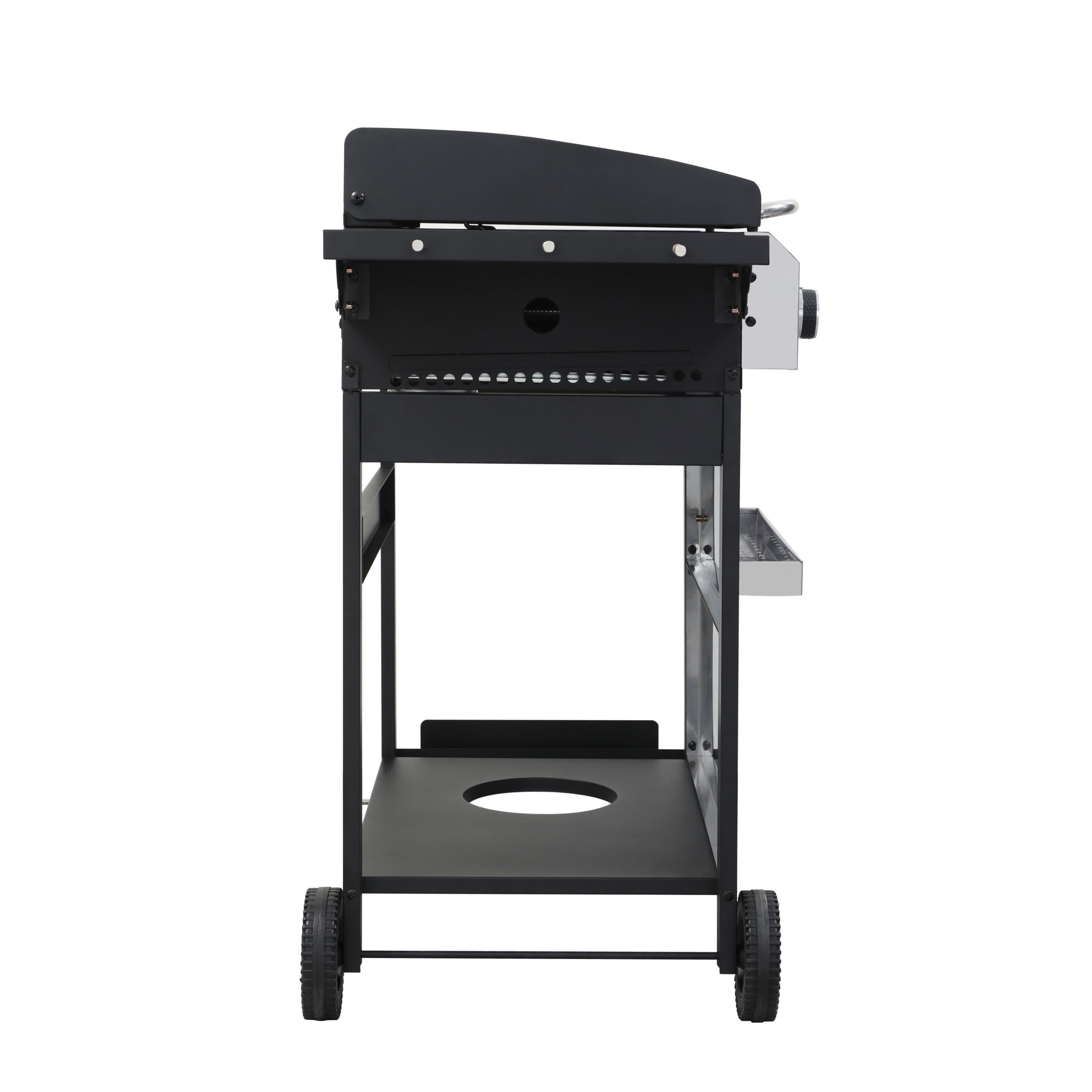 Veridion 4-burner 49200BTU Propane Gas BBQ Grill with Foldable Side Table, Hanging Basket, Enamel Cooking Grids, Stainless Steel, Black + Grey