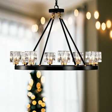 Matte Black、 Gold Wagon Wheel Chandelier Farmhouse Modern Small Crystal Round Chandelier for Living Room Kitchen Island Foyer Hallway Entryway Bedroom Rustic Dining Room Light Fixture Ceiling Hanging