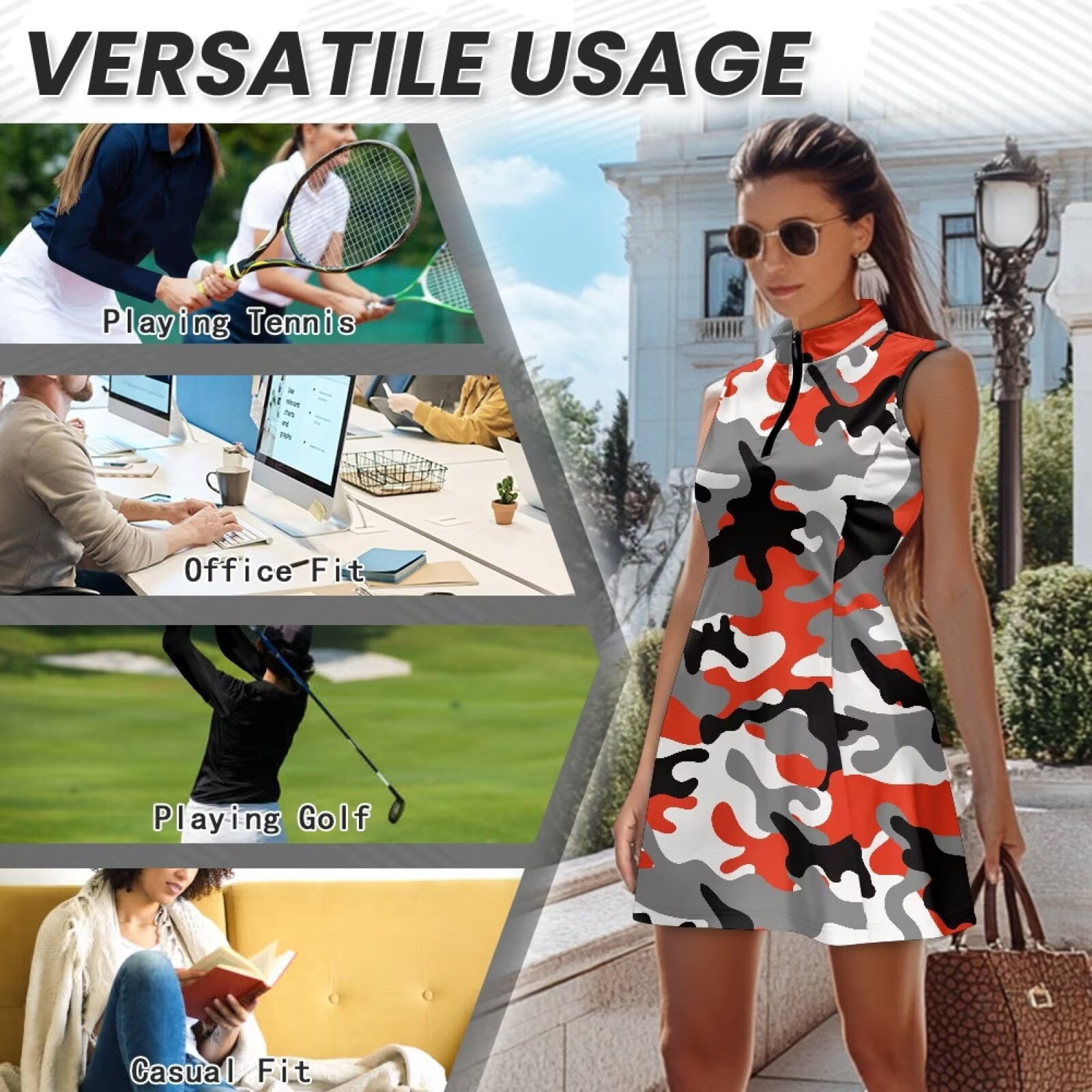 Yuyamidu Camo Hunting Golf Dresses for Women Size XL Casual Athletic Dress Half-Zip Collar Sports Activewear Dress Built in Shorts Tennis Dresses