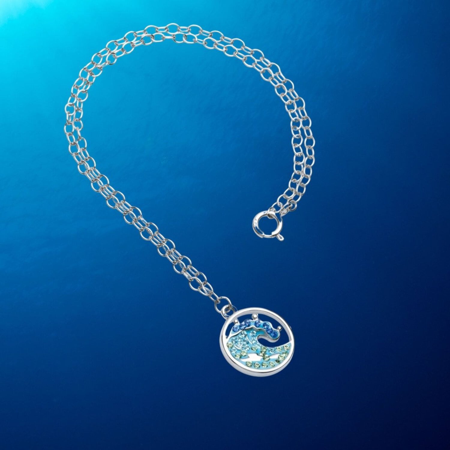 Sterling Silver Ocean Wave Anklet with Turquoise Crystals