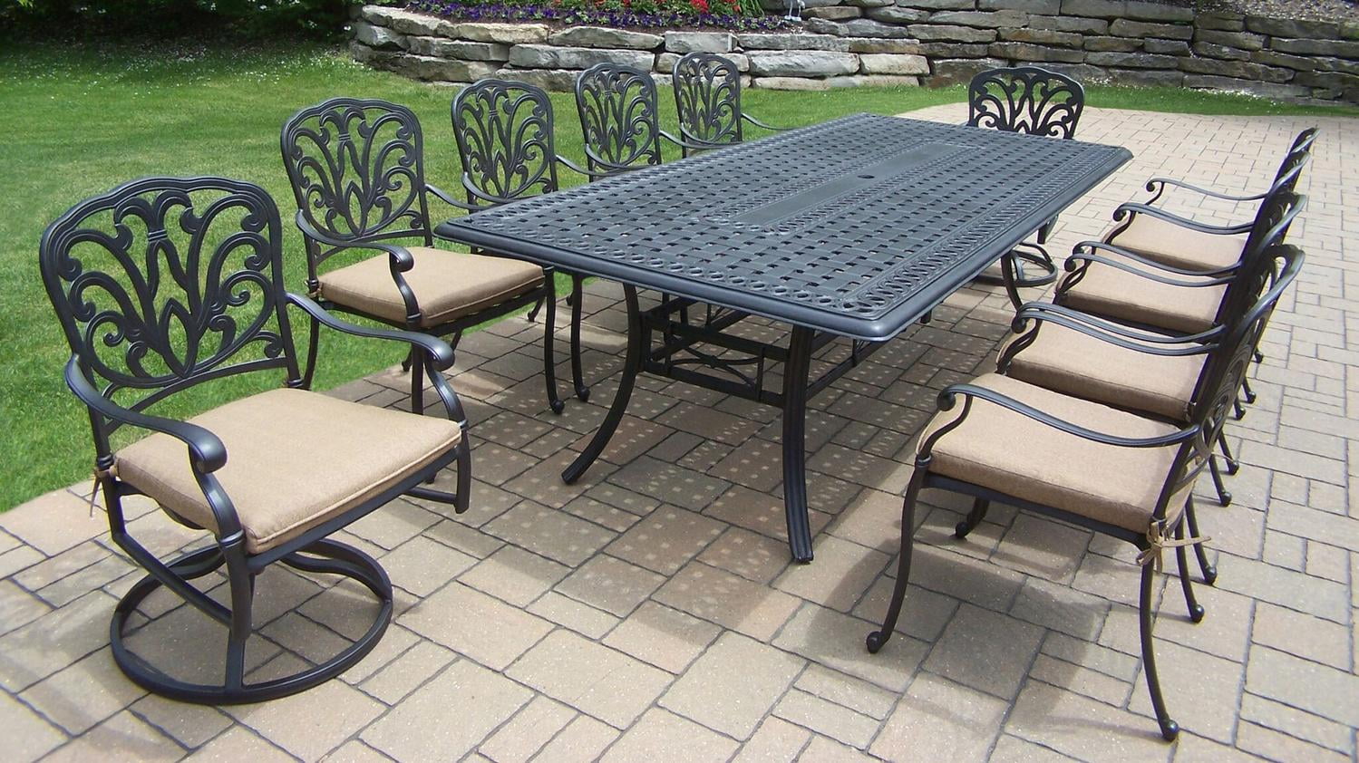 11 Piece Jet Black Aluminum Stackable And Swivel Chair Patio Dining Set W Cream Cushions