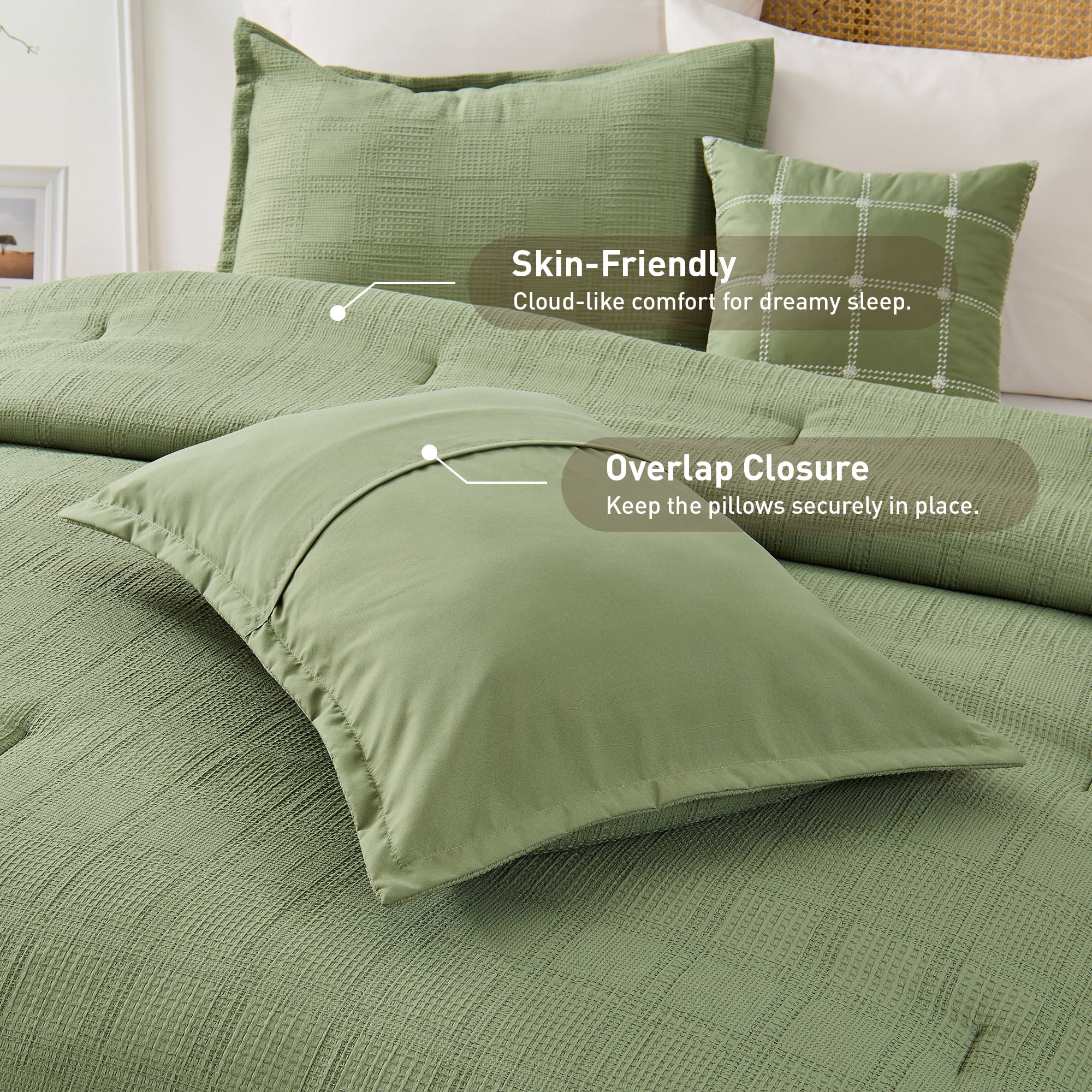 Regency Heights Waffle Weave Comforter Set, Full/Queen Size Textured Comforter Bed Set, 3-Piece Lightweight Bedding Set with Pillow Shams for All Season, Green
