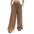 thumbnail image 3 of Women'S Wide Leg Beach Pants Elastic Waist Light-Weight Flowy Palazzo Lounge Trousers with Pockets Khaki S, 3 of 10