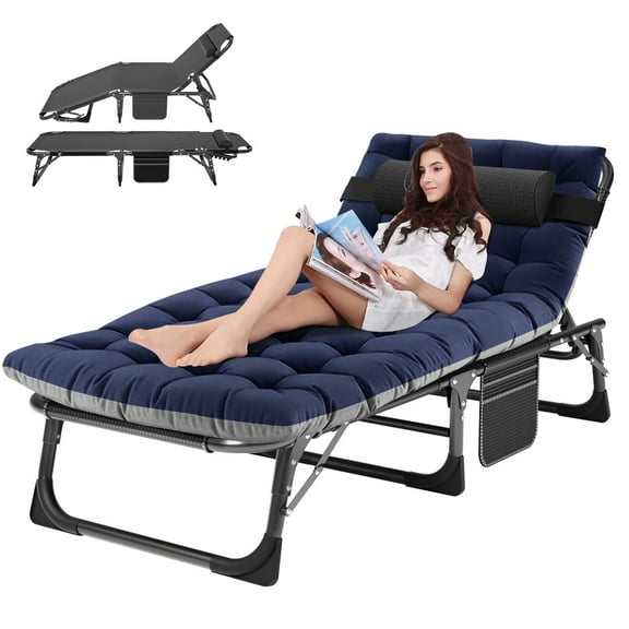 Camping Cot 4 Gears Adjustable Folding Chaise Chair Bed w/Mattress Pillow